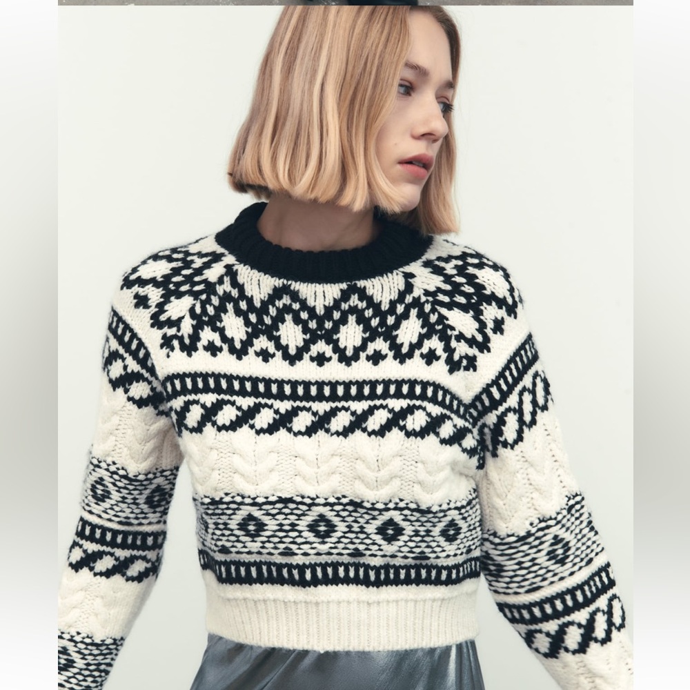 Zara Jacquard Fair Aisle Cropped Sweater